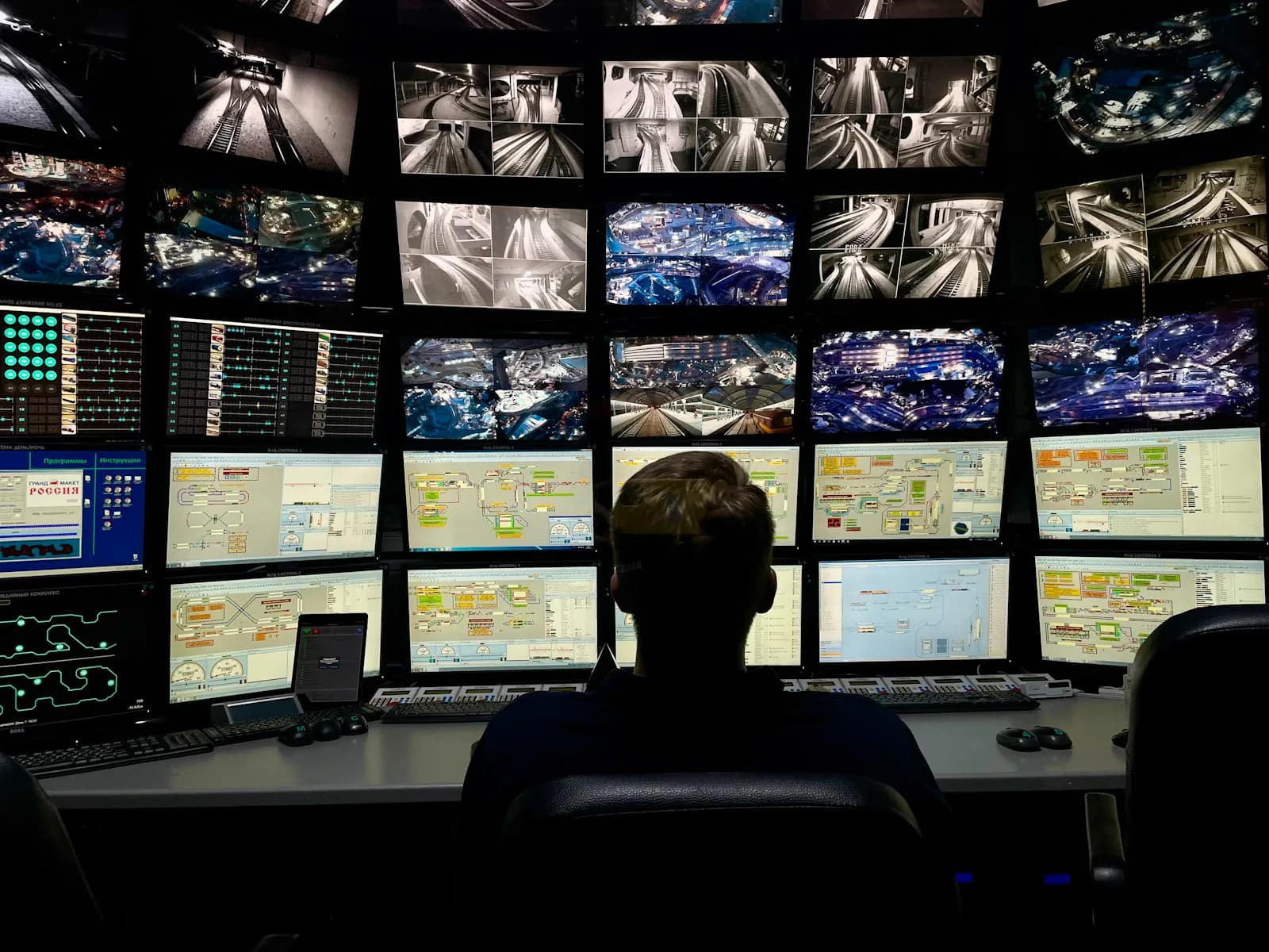Monitoring room with multiple security camera screens